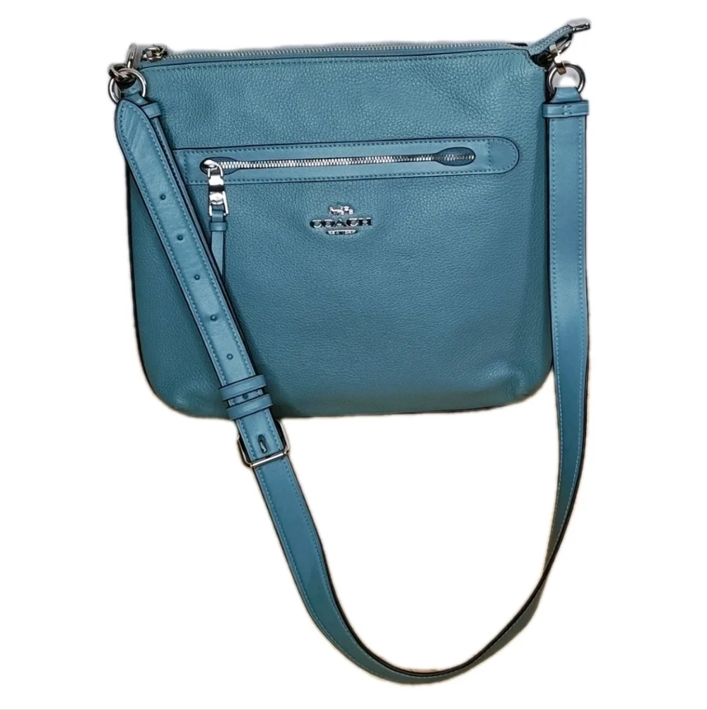 Coach Mae File Pebble Leather Purse Crossbody Denim Pacific Cloud Blue Spring